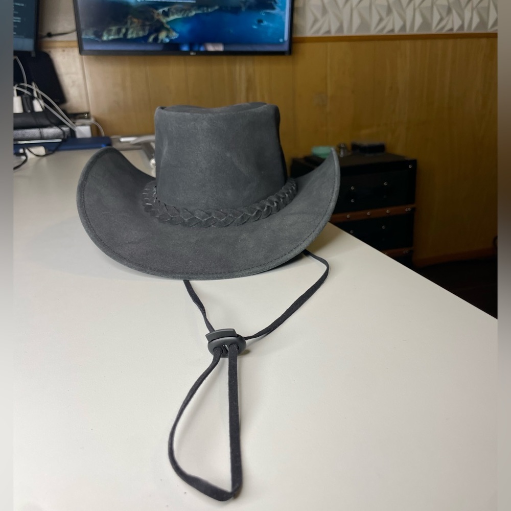 Western Aussie Style Crazy Horse Leather Cowboy Hat Charcoal - Picture 2 of 7